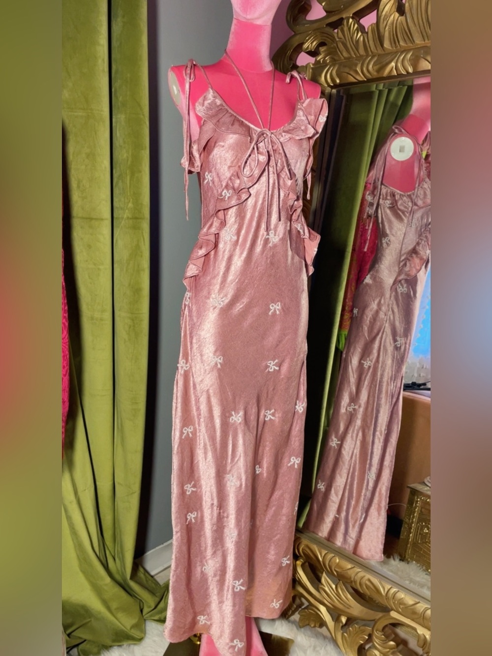 Pink Satin Maxi Dress with Ruffle Details